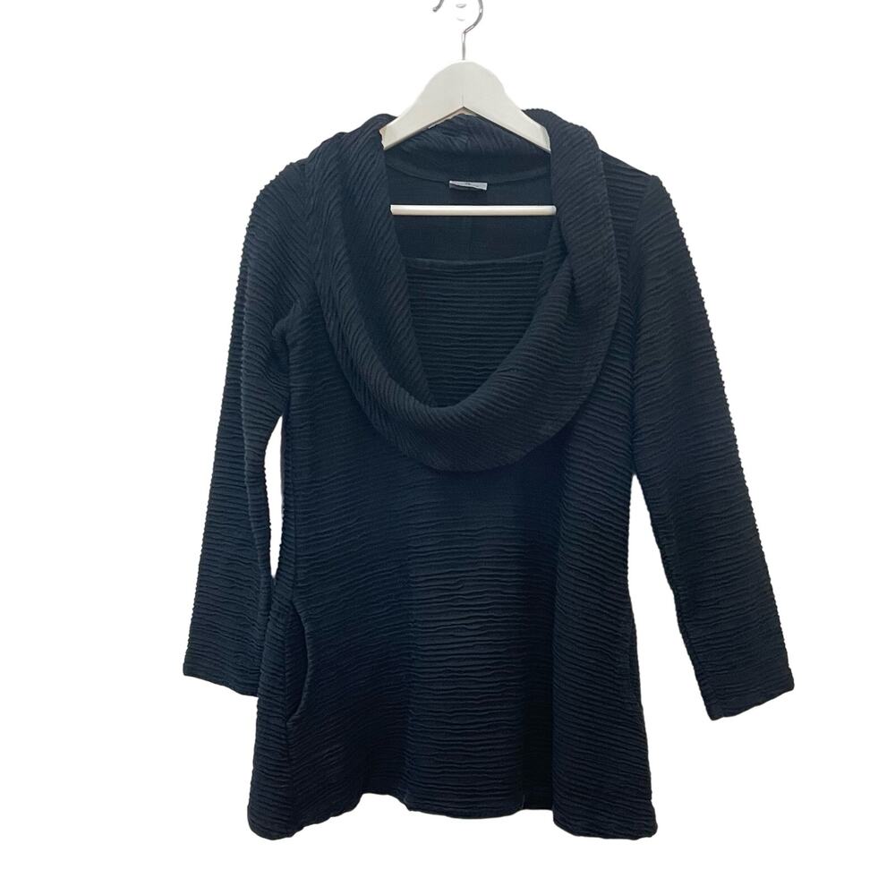CMC Black Cotton Wavy Textured Cowl Neck Long Sleeve Lagenlook Tunic Shirt Sz XS